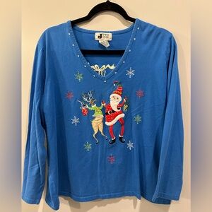 JTwo New York Vintage Long Sleeve V-Neck Christmas Tee Size XL Blue